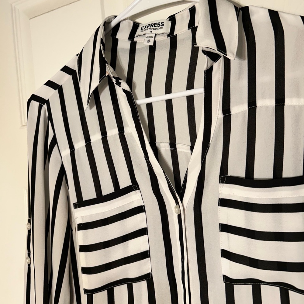 Express Women XS The Portofino Striped Top Relaxed Tab Sleeve Black White